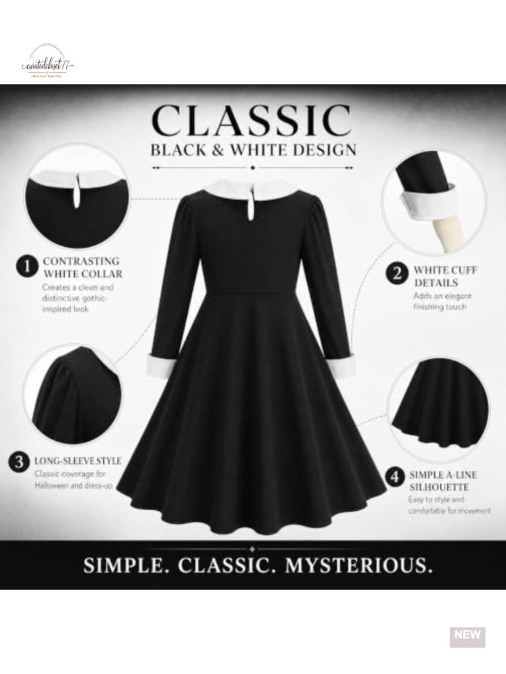 Girls Gothic Black Dress Cosplay Set with Wig Necklace Socks Halloween Costume - Picture 2 of 5